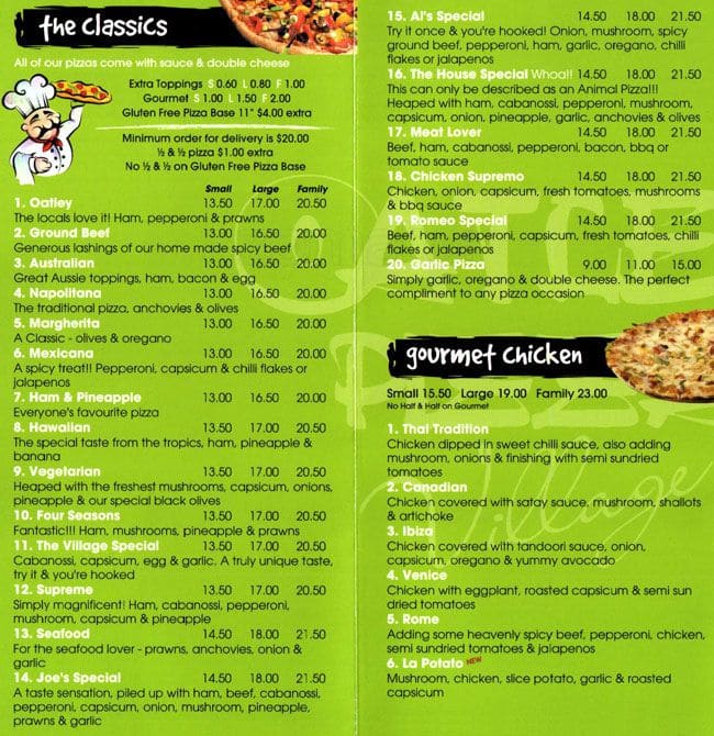 Pizza Village Menu, Menu for Pizza Village, Oatley, Sydney Urbanspoon