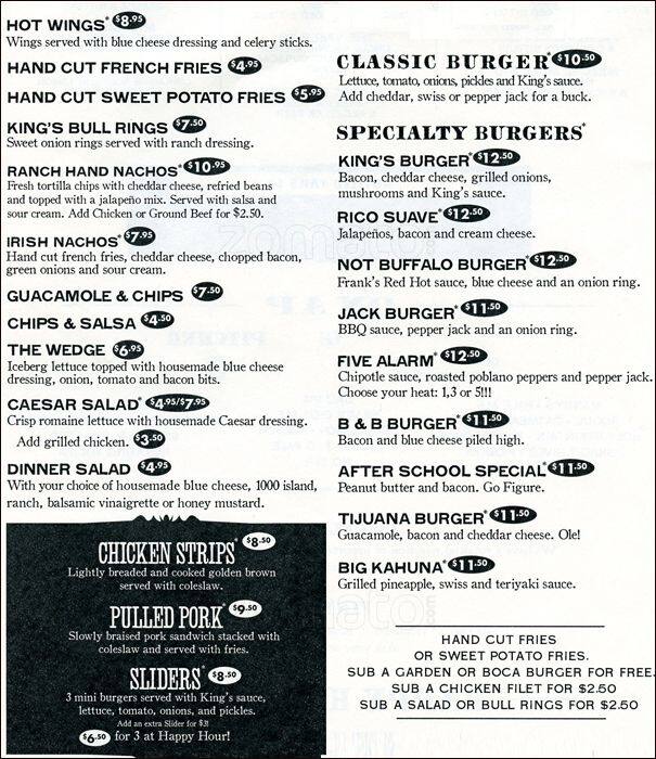 King's Hardware menu, Menu restauracji King's Hardware, Ballard