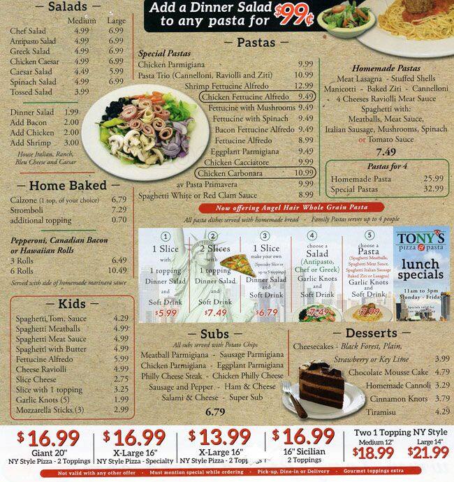 Tony's Pizza & Pasta Menu, Menu for Tony's Pizza & Pasta, Far North