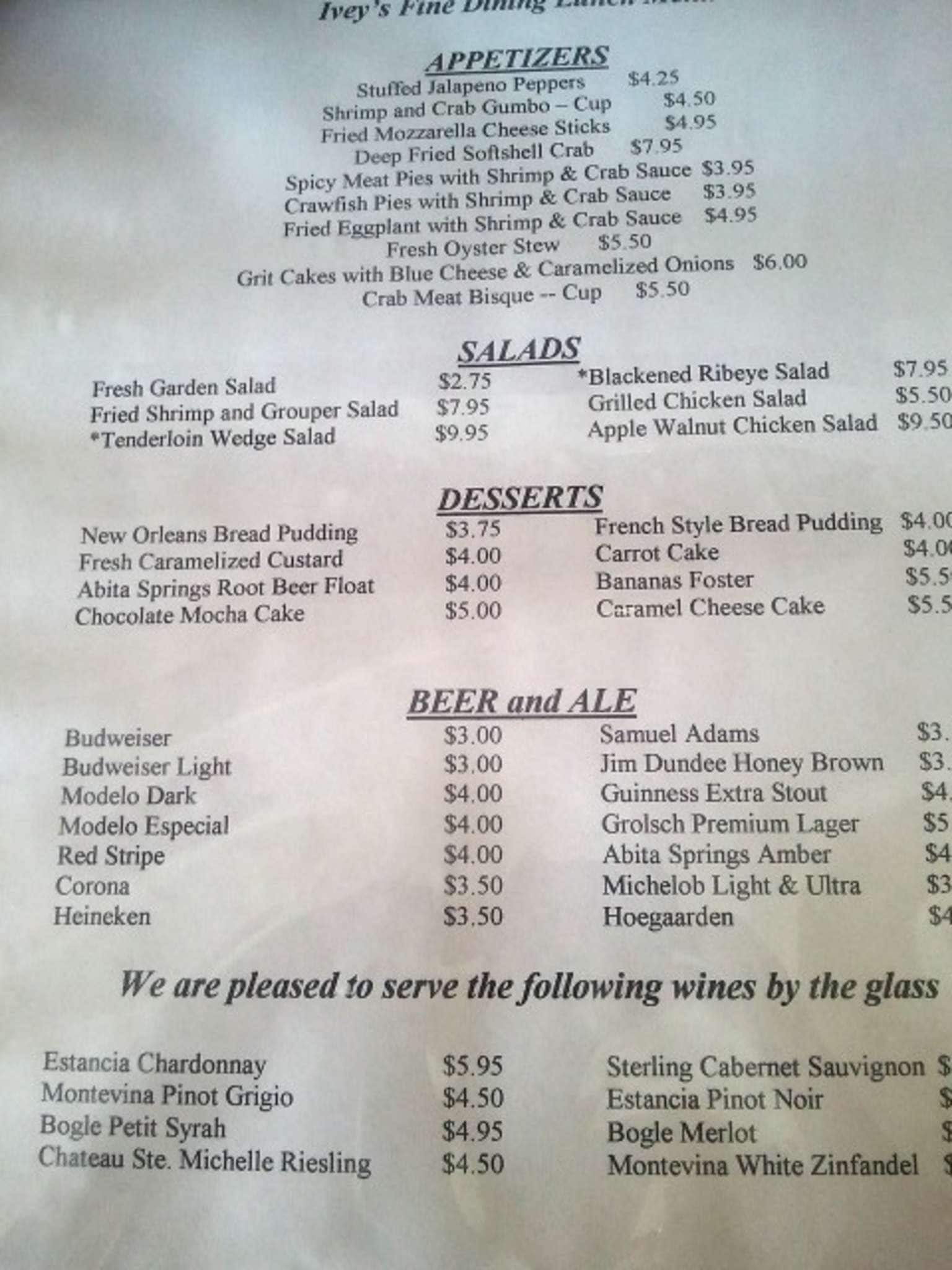 Menu at Ivey's steakhouse, Robertsdale
