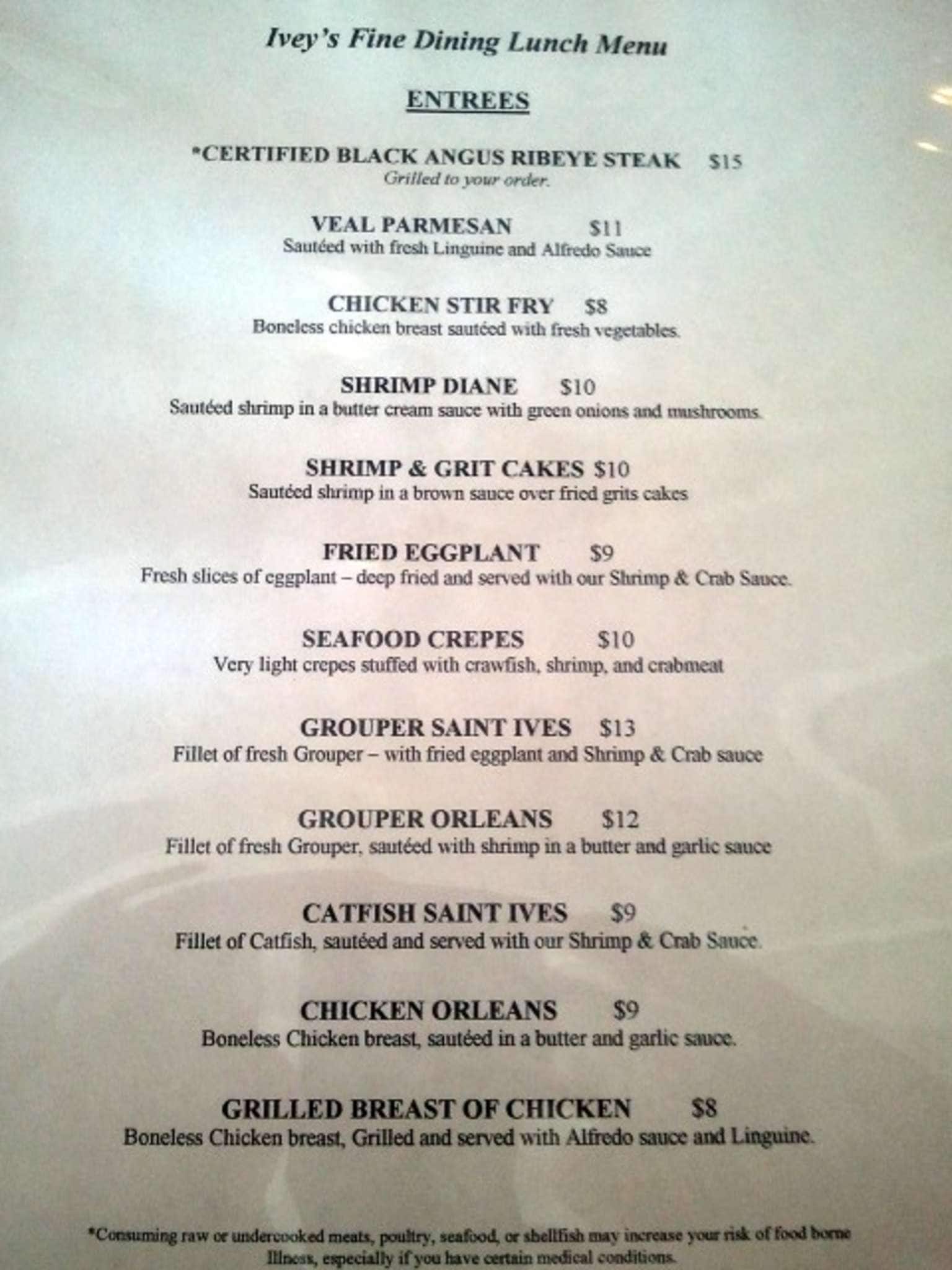 Menu at Ivey's steakhouse, Robertsdale