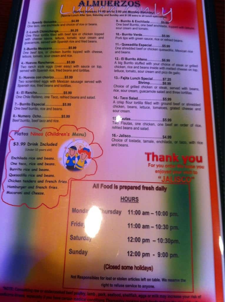 Jalisco's Menu,Menú para Jalisco's, Salem, Youngstown Urbanspoon/Zomato