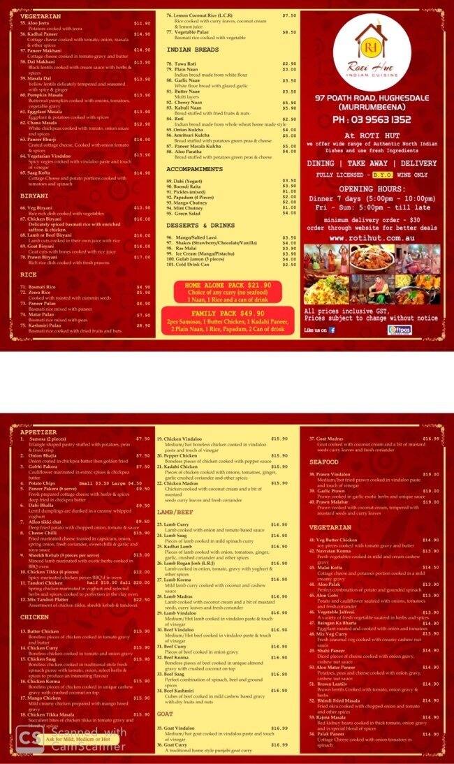 Menu at Roti Hut restaurant, Hughesdale, 97 Poath Road