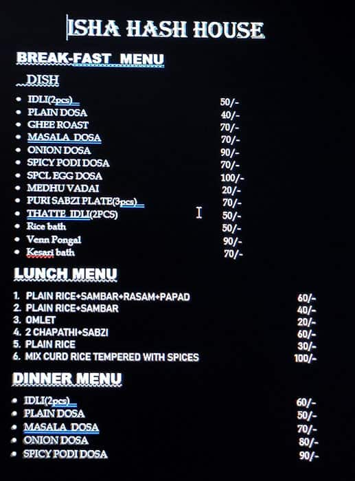 Menu of Isha Hash House, BTM, Bangalore