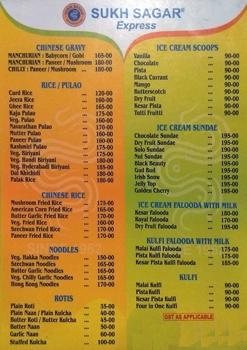 Sukh Sagar Express menu