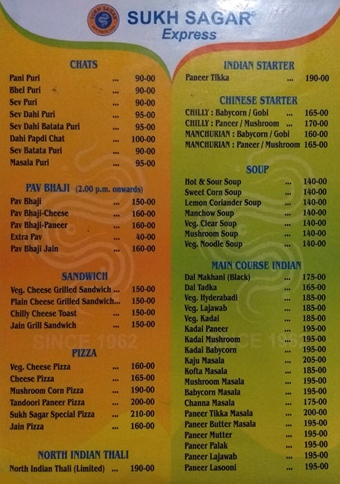 Sukh Sagar Express menu