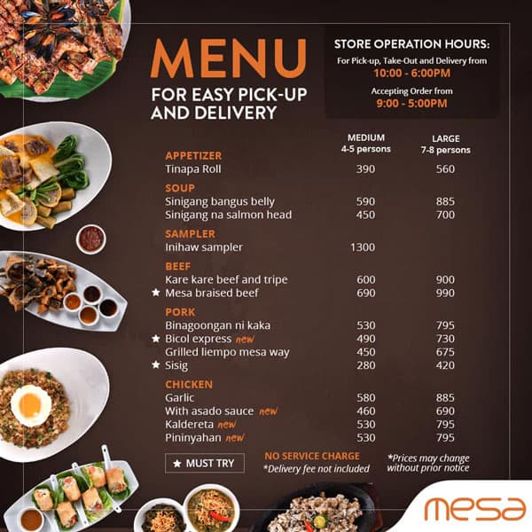 Mesa Menu, Menu for Mesa, Greenbelt 