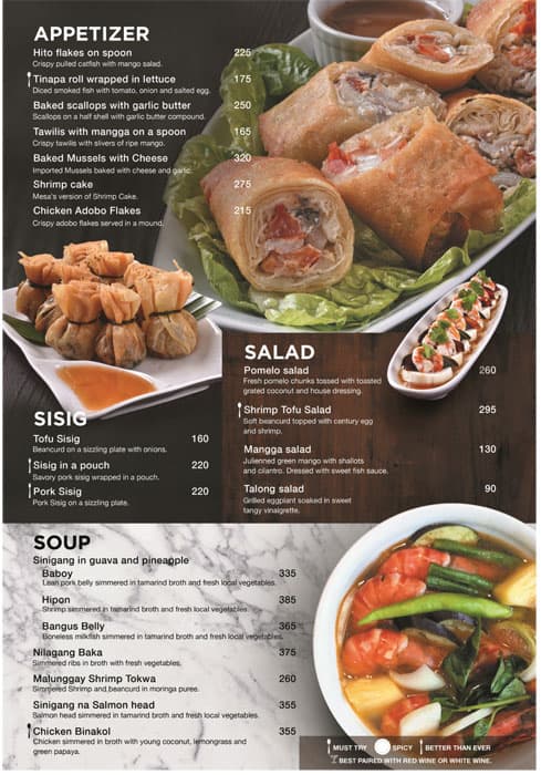 Menu At Mesa Restaurant Las Pinas Sm Southmall