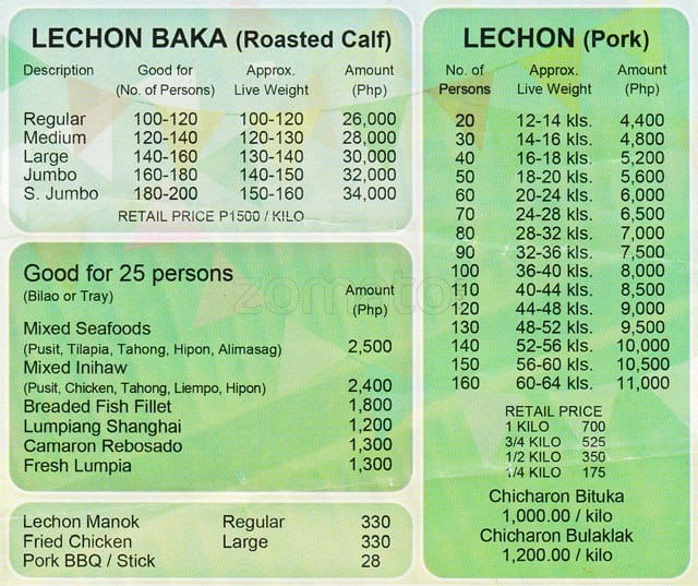Mila's Lechon Menu, Menu for Mila's Lechon, La Loma, Quezon City
