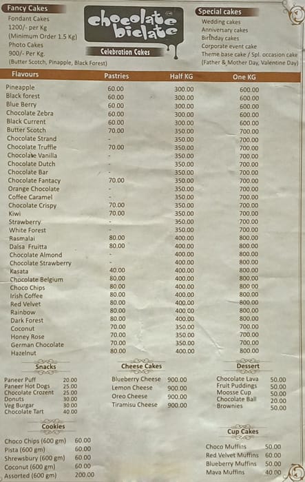 Chocolate Biclate menu