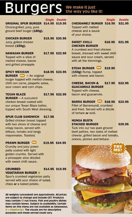 Spur Full Menu 8540