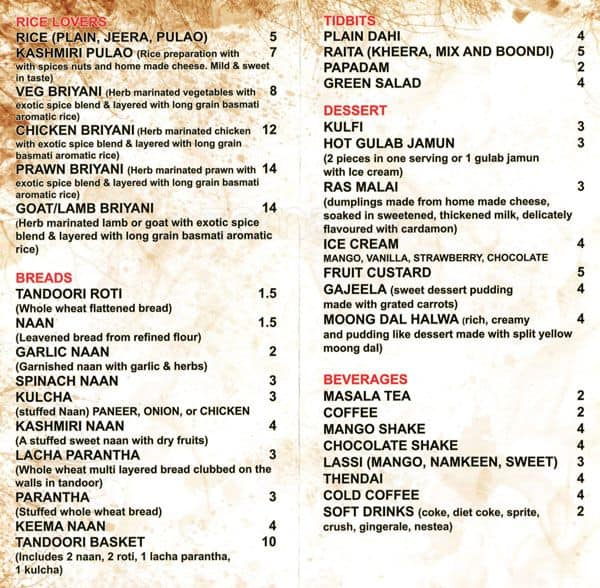 Menu au Pinch of Spice restaurant, Delta