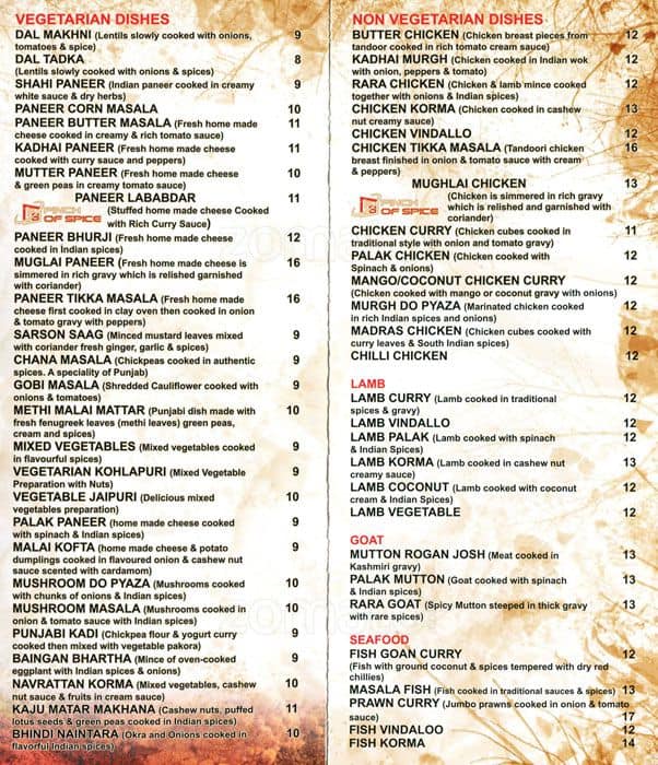 Menu au Pinch of Spice restaurant, Delta