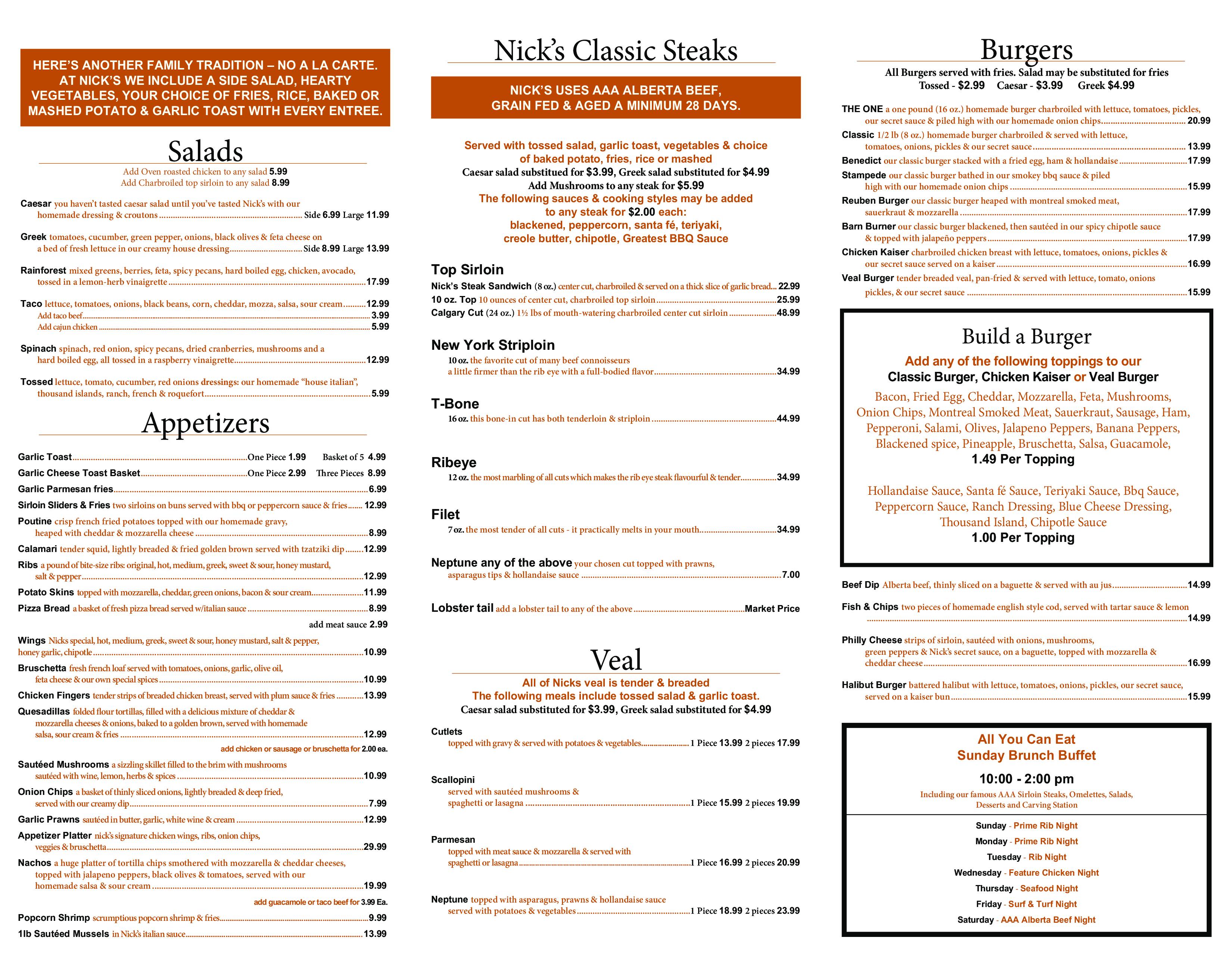Menu at Nick's Steakhouse & Pizza, Calgary