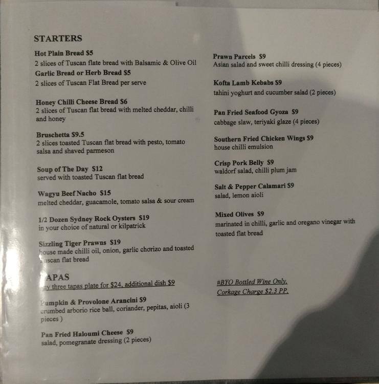 La Zona Menu, Menu Untuk La Zona, Oatley, Sydney