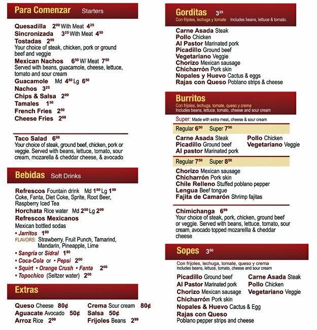 Menu at Pancho's Burritos restaurant, Schaumburg, 816 W Golf Rd