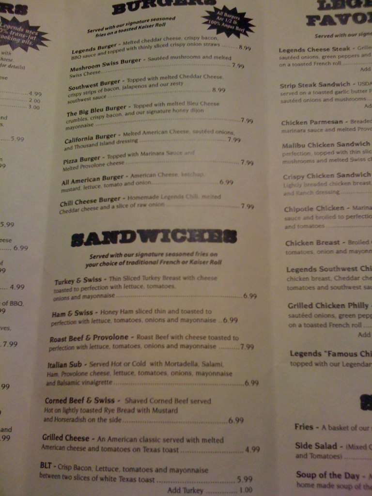 Menu at Legends Sports Bar, Yorkville