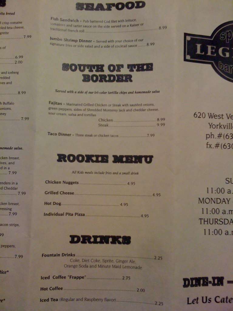 Menu at Legends Sports Bar, Yorkville