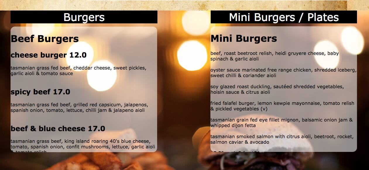 Jack Greene Bar Menu, Menu for Jack Greene Bar, Hobart, Tasmania