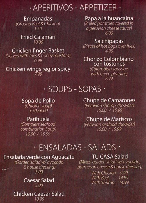 Tu Casa Menu