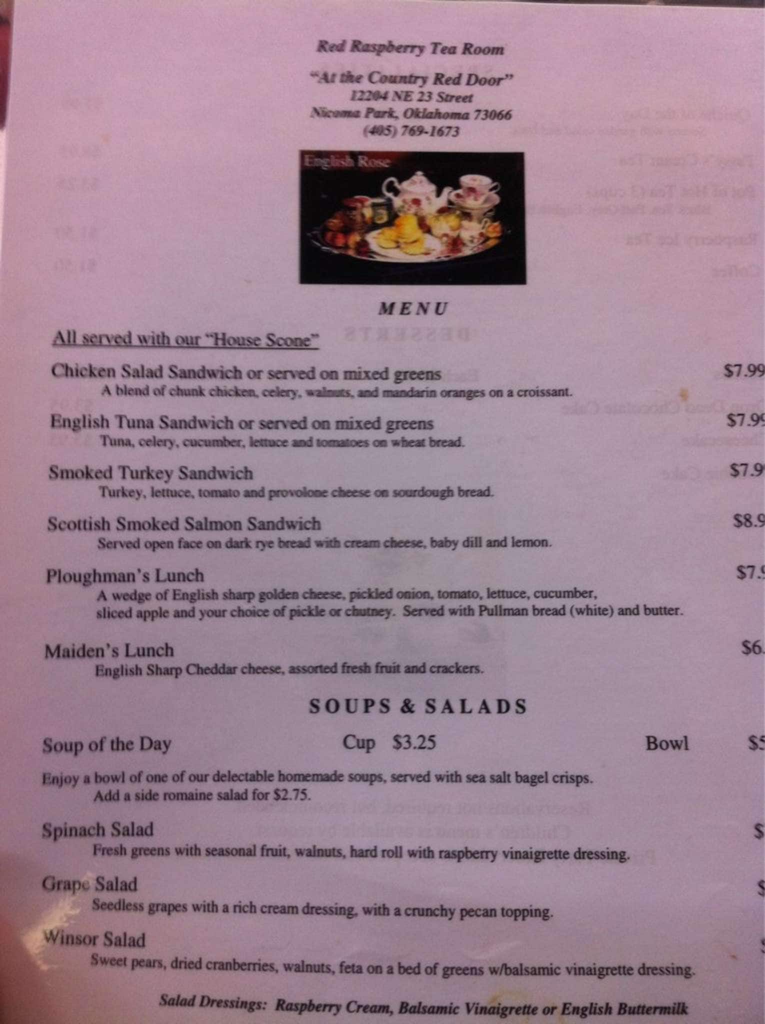 Menu at Red Raspberry Tea Room cafe, Park, 11525 NE 23rd St