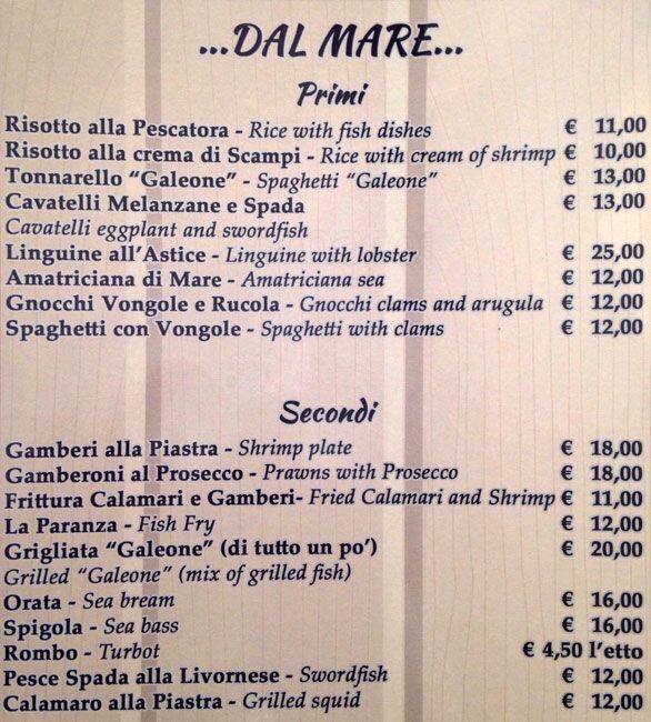 Menu di Ristorante Al Vecchio Galeone 