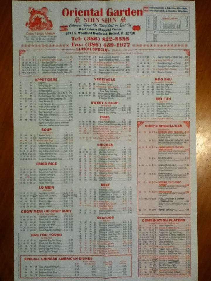 Oriental Garden Chinese Restaurant menu