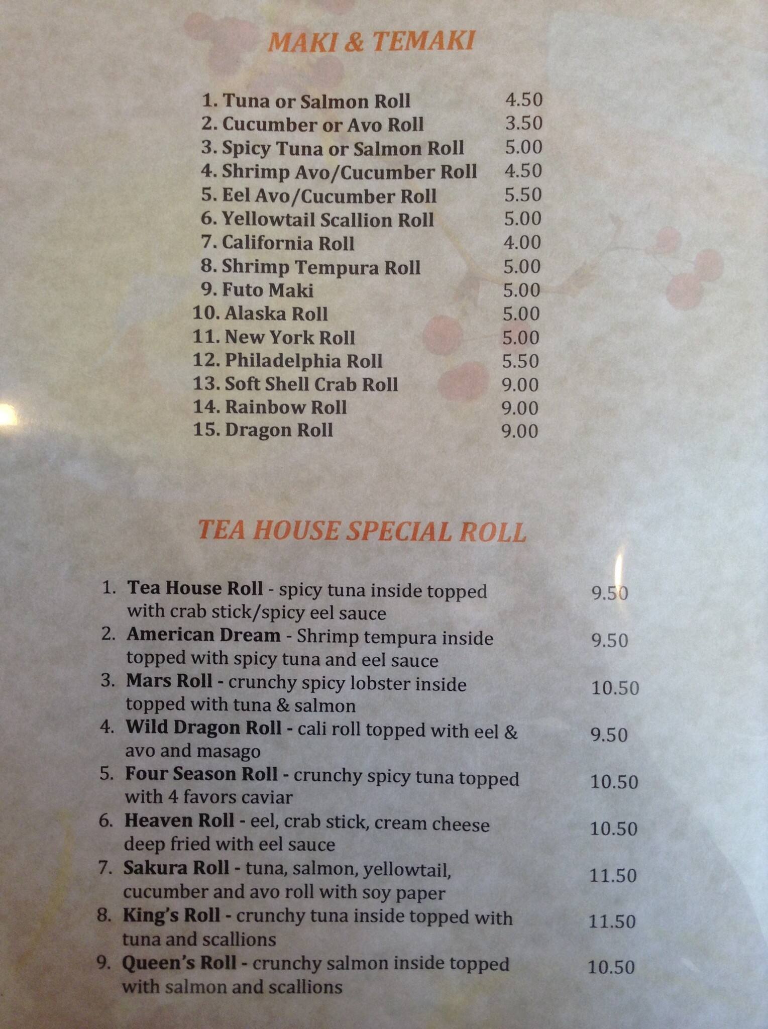 Menu at Tea House restaurant, Crozet