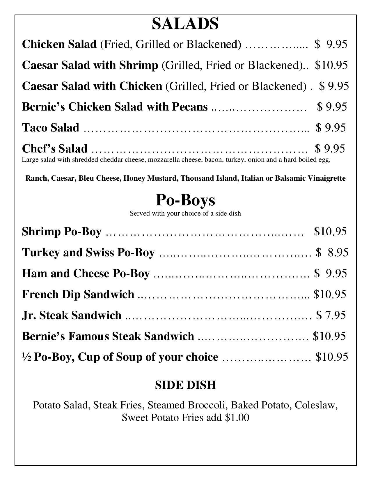 Menu at Bernie's pub & bar, Biloxi, 220 Eisenhower Dr