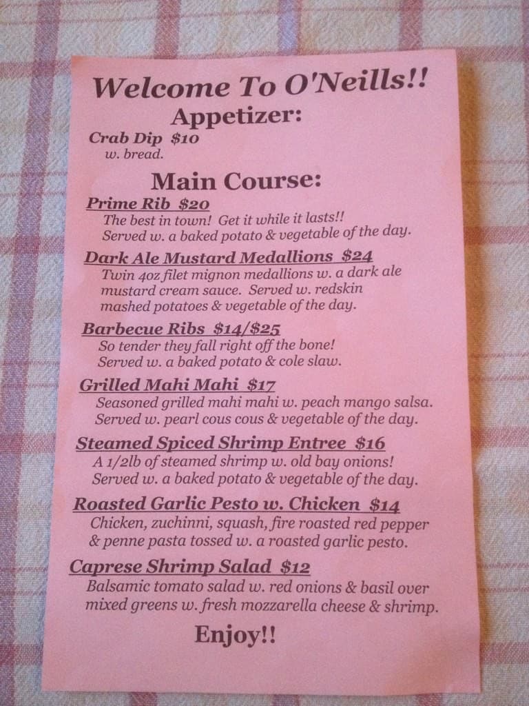 Menu at O'Neills pub & bar, Moorefield