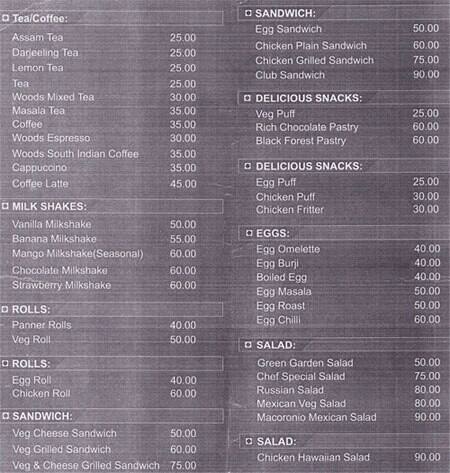 Menu at Woods Cafe, Bengaluru