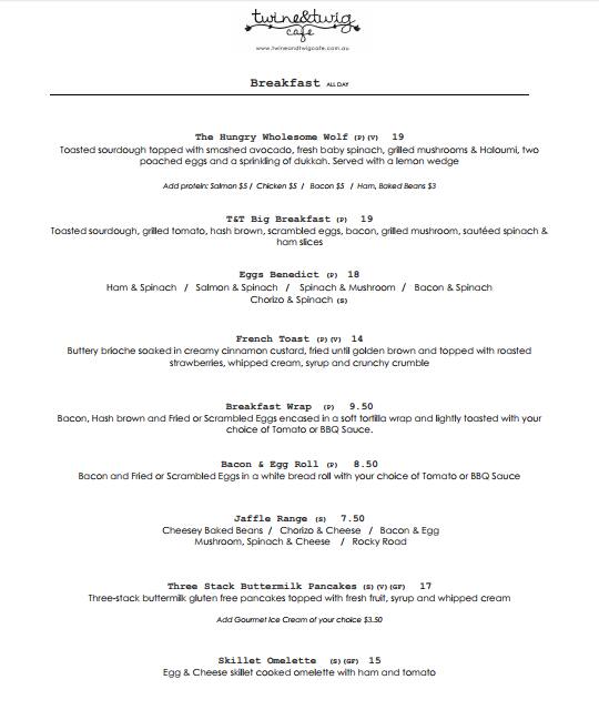 Twine & Twig Cafe Menu, Menu for Twine & Twig Cafe, Sydney Olympic Park