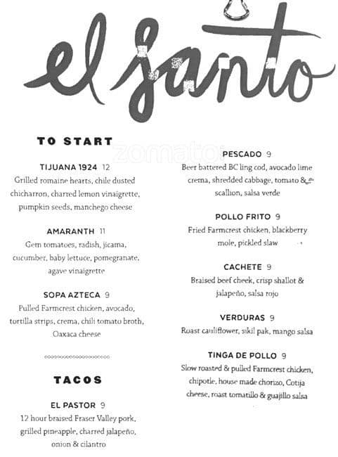 Menu At El Santo Restaurant New Westminster