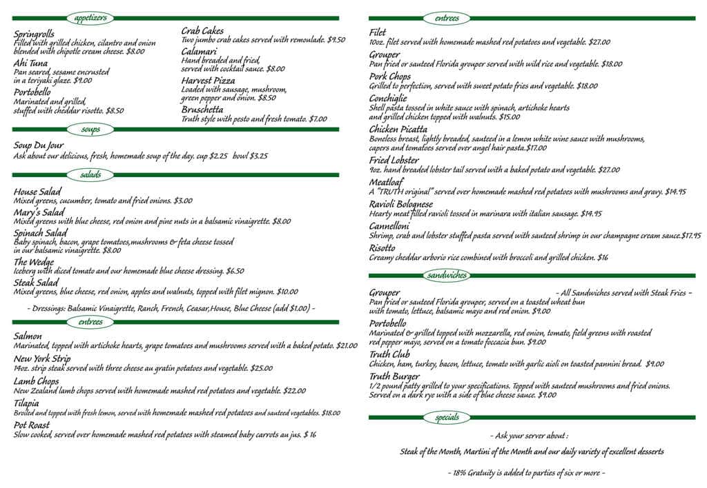 Menu at truth restaurant, Joliet