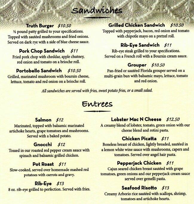 Menu at truth restaurant, Joliet