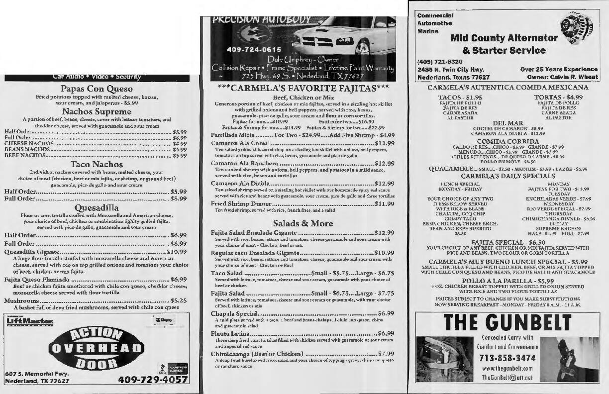 Menu at Carmela's Mexican Restaurant, Beaumont, Calder Ave