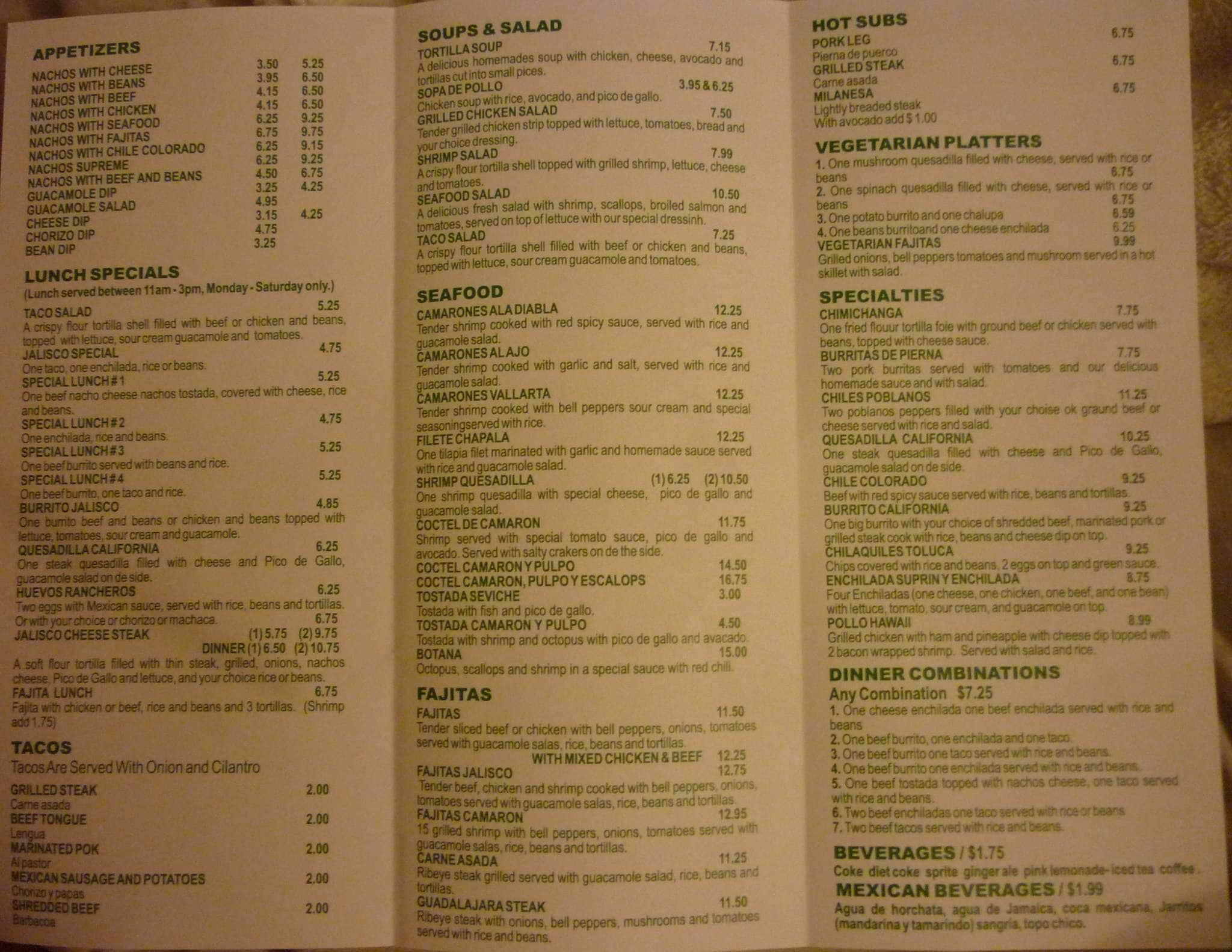 Taqueria Jalisco Mexican Restaurant Menu