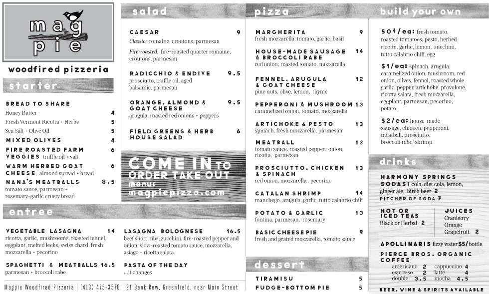 Magpie Pizza Menu, Menu for Magpie Pizza, Greenfield, Greenfield