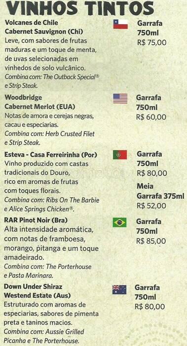 Menu em Outback Steakhouse São Paulo Av Rebouças