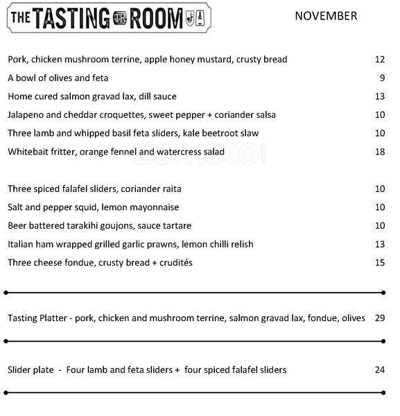 The Tasting Room Menu, Menu for The Tasting Room, Te Aro, Wellington