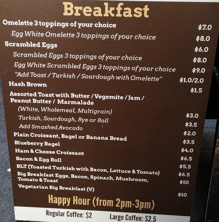 Menu at Dorchester Cafe, Sydney