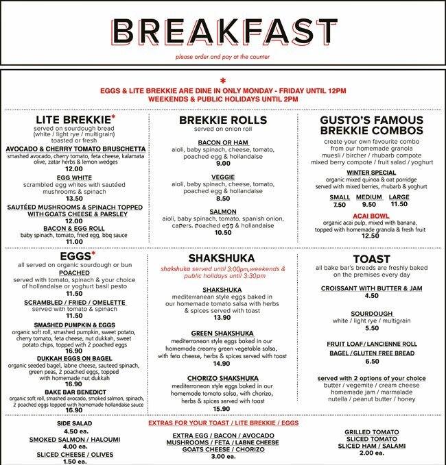 Bake Bar menu, Menu restauracji Bake Bar, Double Bay, Sydney