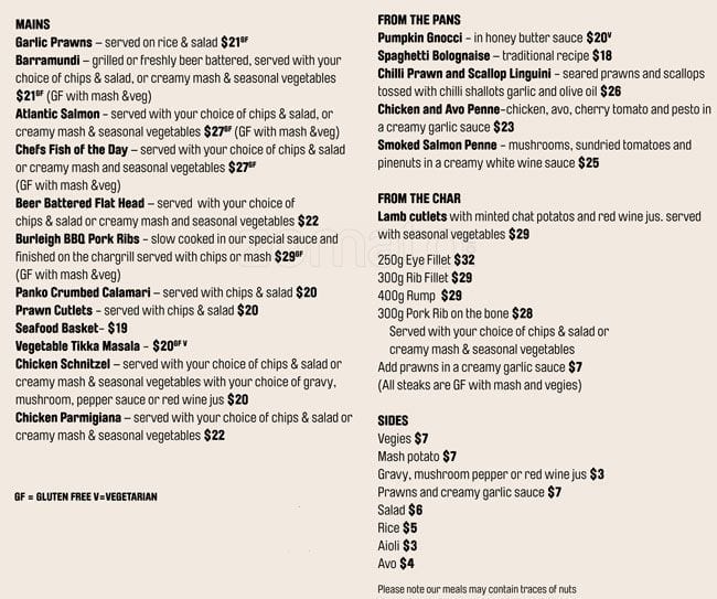 Menu at The Surf Club Burleigh Heads, Burleigh Heads