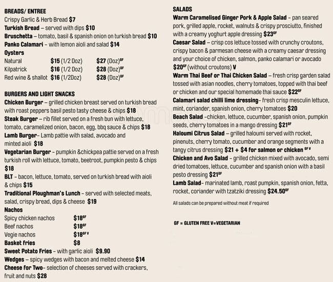 Menu at The Surf Club Burleigh Heads, Burleigh Heads