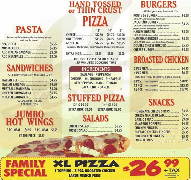 Route 66 Pizza Menu Menu For Route 66 Pizza East Side Chicago 