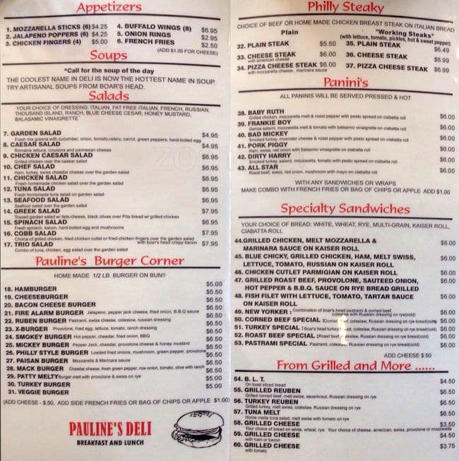 Pauline's Deli Menu, Menu for Pauline's Deli, Norristown, Montgomery
