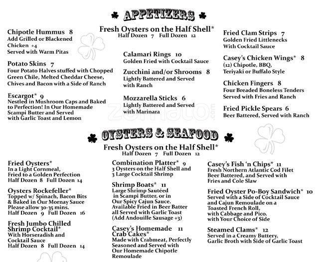 Menu at Casey Moore's Oyster House pub & bar, Tempe, 850 S Ash Ave