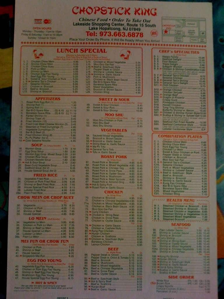 Chopstick King menu, Menu restauracji Chopstick King, Lake Hopatcong