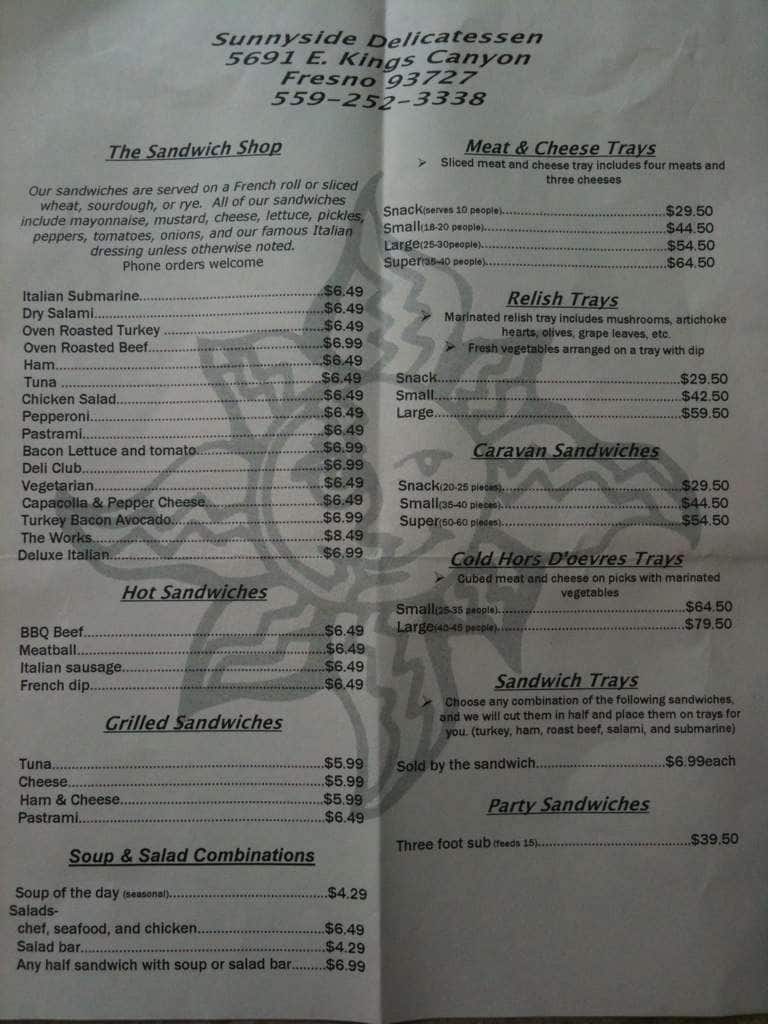 Menu at Sunnyside Delicatessen restaurant, Fresno