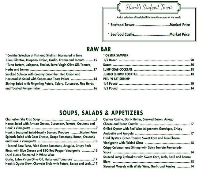 Menu at Hank's Seafood pub & bar, Charleston
